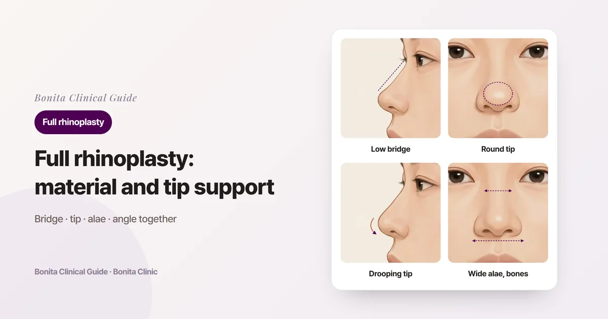 Four drawings of the same person's nose: a low bridge in profile, a round, broad tip from the front, a drooping tip in profile, and wide alae and upper bridge from the front