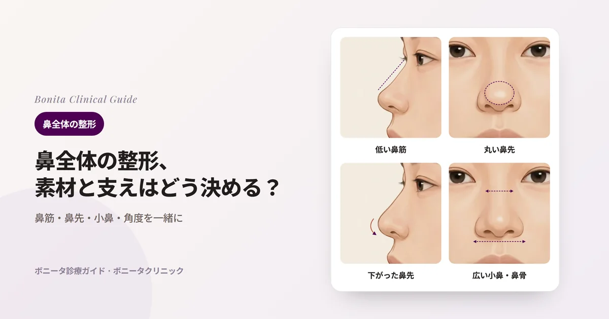 同じ人の鼻のイラスト四枚:鼻筋が低い横顔、鼻先が丸く広い正面、鼻先が下がった横顔、小鼻と鼻筋の上部が広い正面。カードごとに主に扱う部位を書いた。