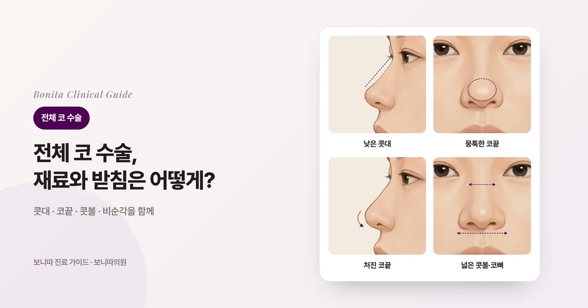 같은 사람의 코 삽화 네 장: 콧대가 낮은 옆모습, 코끝이 둥글고 넓은 정면, 코끝이 처진 옆모습, 콧볼과 콧대 위쪽이 넓은 정면. 카드마다 주로 다루는 부위를 적었다.