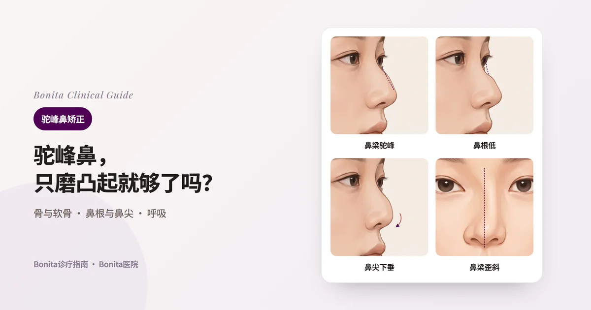 四张鼻子插图分别标出明显的驼峰、偏低的鼻根、下垂的鼻尖、偏向一侧的鼻梁,并写出主要考虑的方法