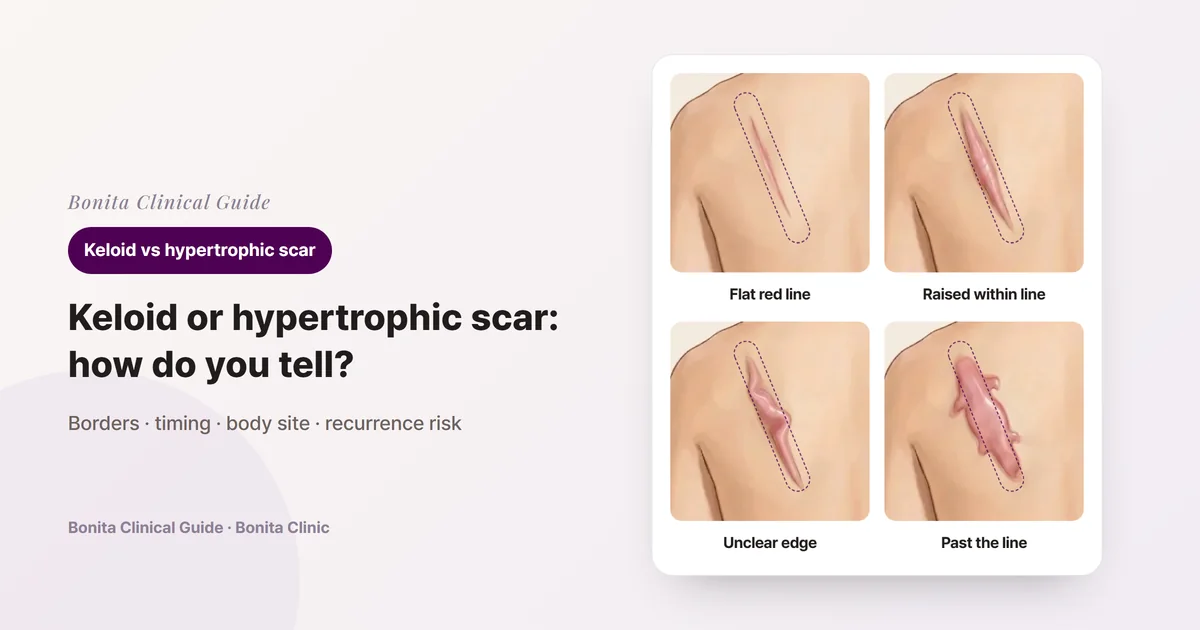 Four cards showing a diagonal scar over the same person's left shoulder blade: a flat but red line, a scar raised inside the dashed line, a lumpy scar that seems to go slightly past the dashed line