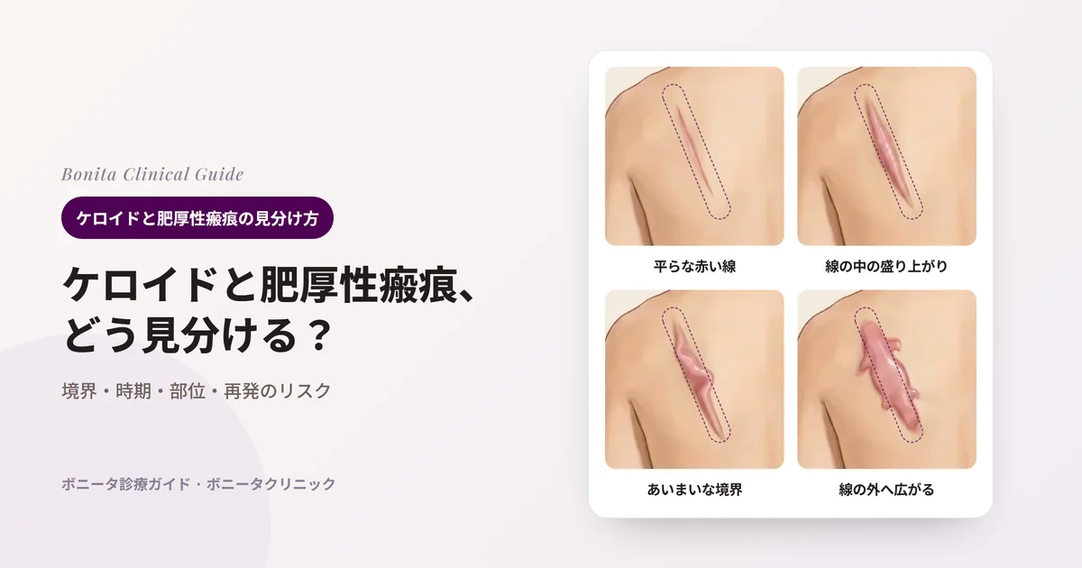 同じ人の左肩甲骨の上にある斜めの傷跡を4つの状態で描いたカード:平らだが赤い線、点線の内側で盛り上がった傷跡、点線を少し越えたように凸凹した傷跡、点線を越えてカニの爪のように広がった傷跡。点線は元の傷の境界で、カードごとにまず考えることと確認することを記した。