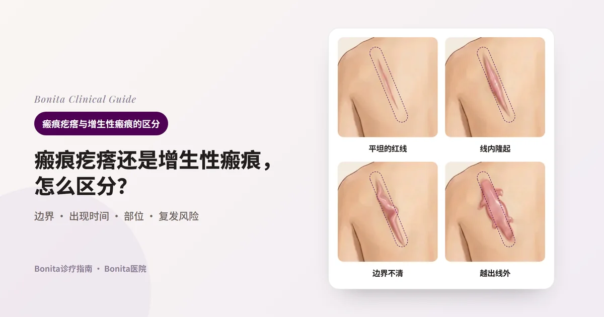 以同一个人左侧肩胛骨上方斜行疤痕的四种状态绘制的卡片:平坦但发红的线、在虚线内隆起的疤痕、似乎稍微越过虚线的凹凸疤痕、越过虚线像蟹钳一样伸展的疤痕。虚线是原伤口边界,每张卡片写明先考虑什么、要确认什么。