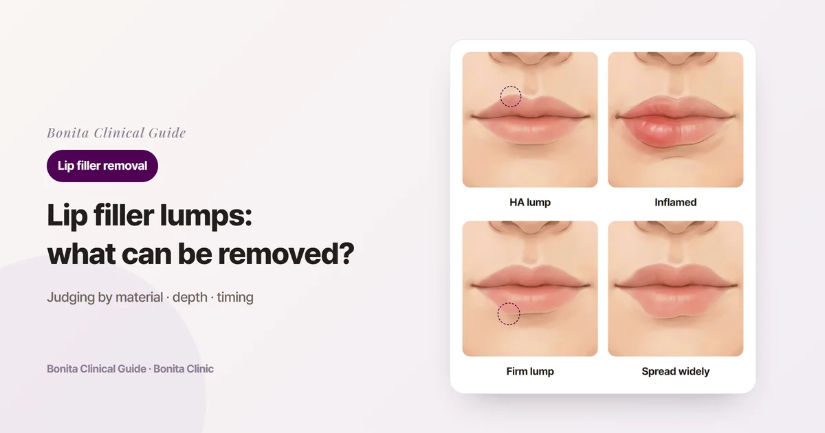Four versions of the same lip illustration showing a small lump in the upper lip, a red, swollen lower lip, a raised lump in the lower lip, and lips enlarged unevenly by widely spread material