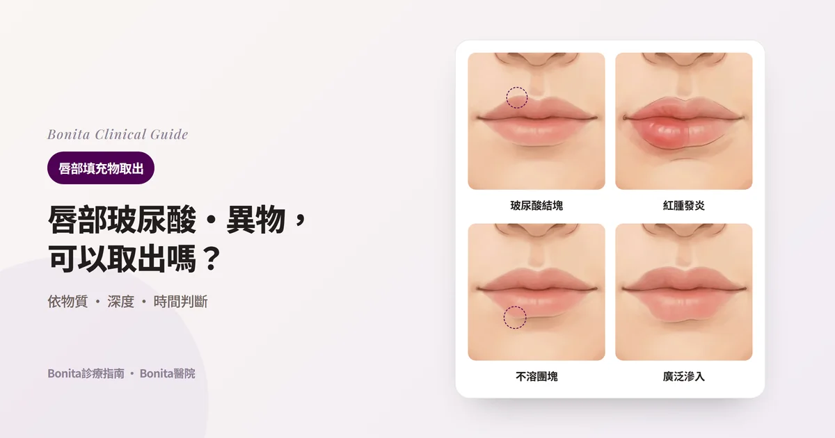 同一張嘴唇的四幅插圖，分別畫出上唇的小結塊、紅腫的下唇、下唇隆起的團塊、大範圍變大且不平整的嘴唇，並寫出首先考慮的治療