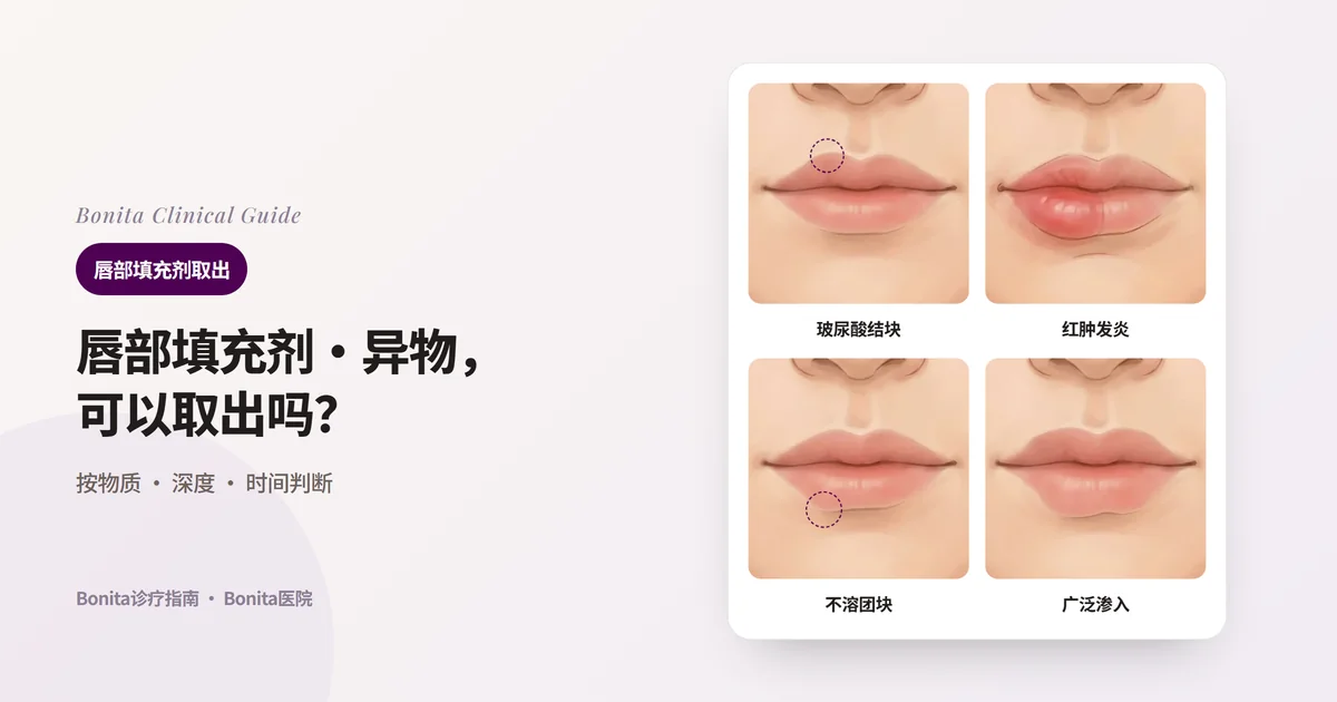 同一张嘴唇的四幅插图,分别画出上唇的小结块、红肿的下唇、下唇隆起的团块、大范围变大且不平整的嘴唇,并写明首先考虑的治疗