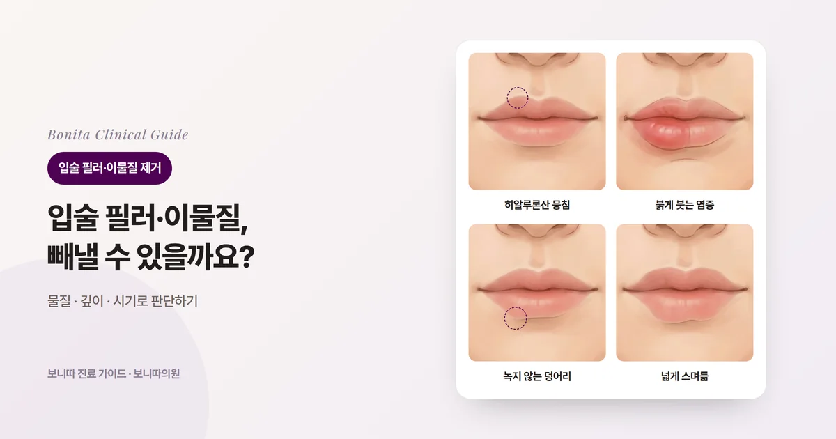 같은 입술 삽화 네 장에 윗입술의 작은 뭉침, 붉게 부은 아랫입술, 아랫입술에 솟은 덩어리, 넓게 커지고 고르지 않은 입술을 각각 그리고, 먼저 검토하는 치료를 적은 카드