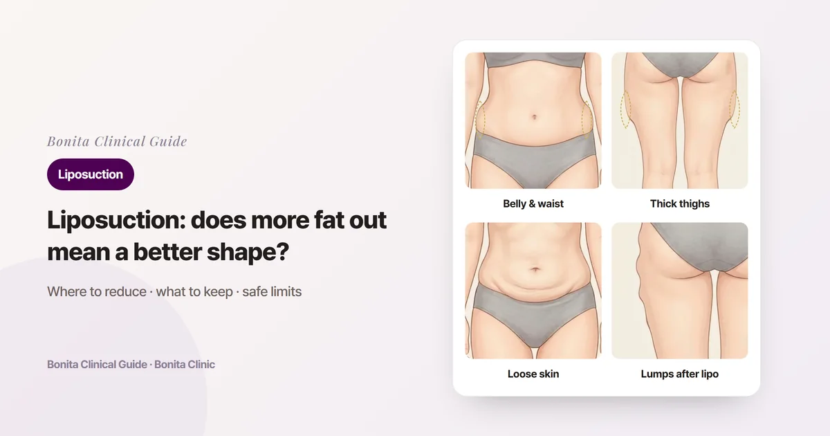 Four body illustrations showing full flanks at the waist, a bulge on the outer thighs, loose lower-belly skin that folds, and an uneven outline at the side of the hip after a previous liposuction