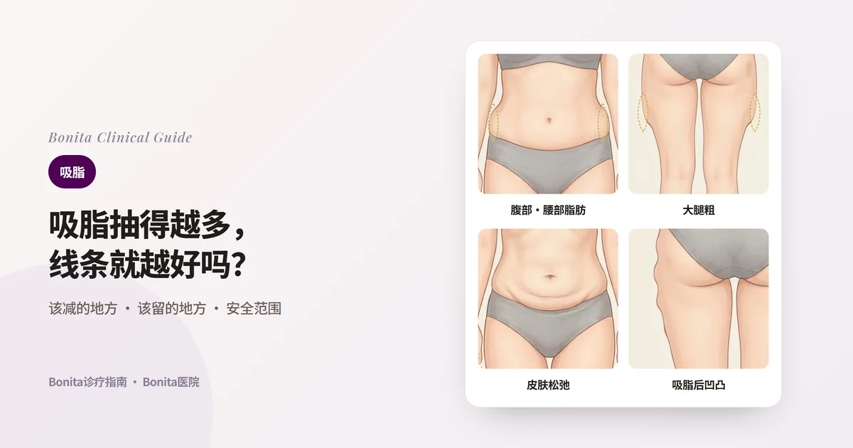 四张身体插图分别画出侧腰厚实的腰部、外侧鼓起的大腿、下腹皮肤松弛起褶、以前吸脂后臀部外侧轮廓凹凸不平,并写出Bonita医院分别首先确认的事项