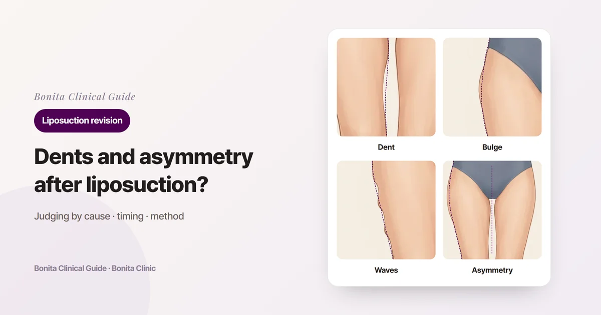 Four lower-body illustrations of the same person showing a dent on the inner thigh, a bulge left on the upper outer thigh, a wavy, uneven outer-thigh outline
