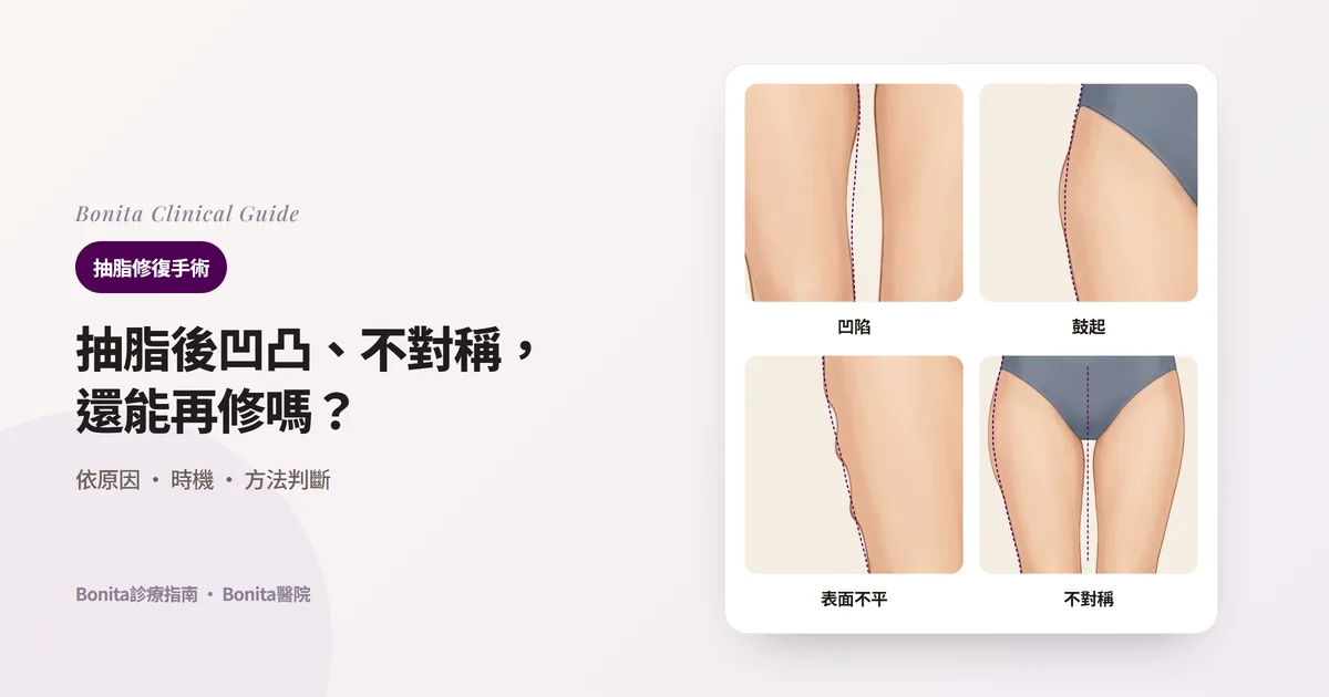 同一人的下半身插圖四張,分別顯示大腿內側凹陷、大腿外側上段留下鼓起、大腿外側輪廓像波浪一樣不平,以及只有一側大腿外側較厚的不對稱,並以虛線標出原來的輪廓