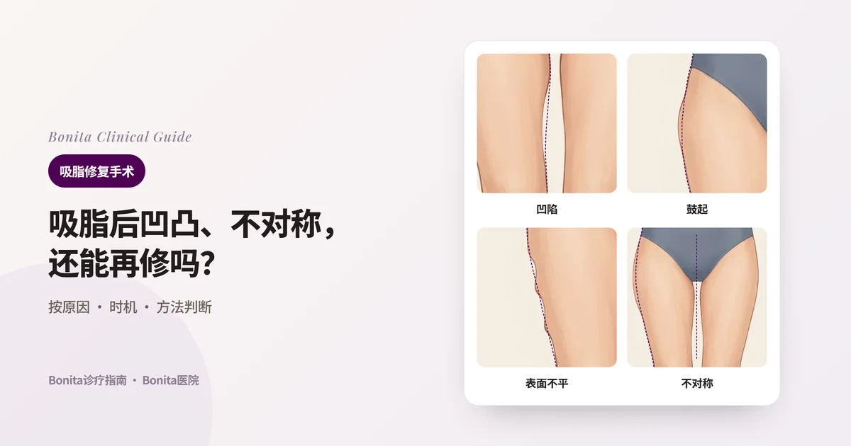 同一人的下半身插图四张,分别显示大腿内侧凹陷、大腿外侧上段留下鼓起、大腿外侧轮廓像波浪一样不平,以及只有一侧大腿外侧较厚的不对称,并以虚线标出原来的轮廓