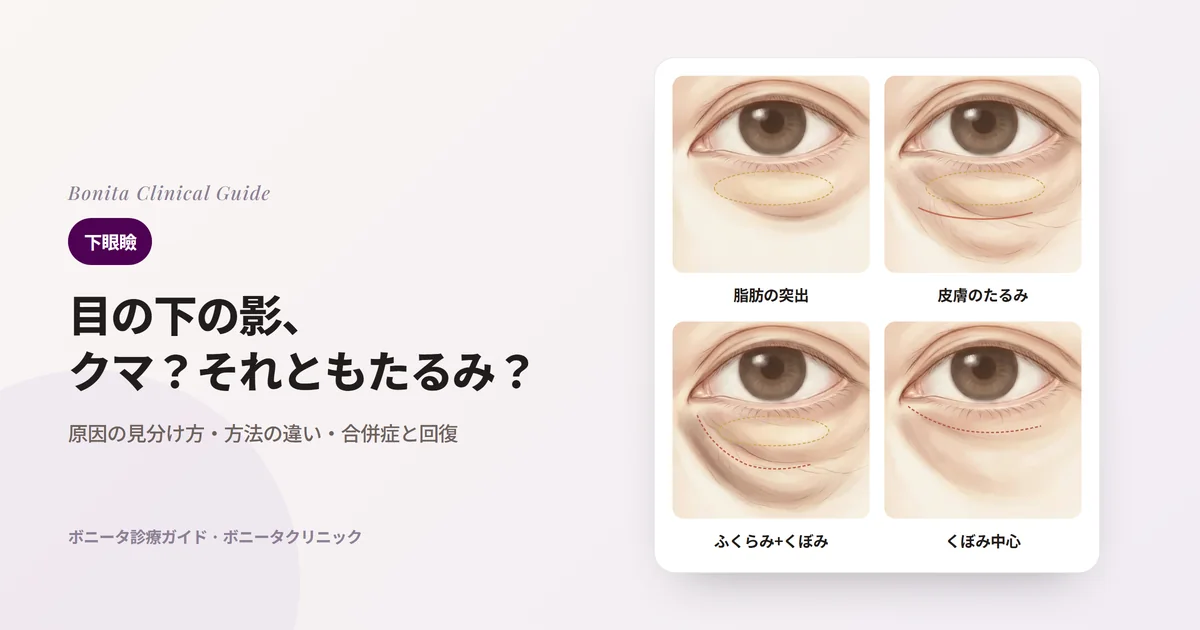 4枚の目のイラストカード:脂肪が主な問題の目の下、脂肪の突出と皮膚のたるみがある目の下、ふくらみの下にくぼみもある目の下、くぼみが主な問題の目の下と、それぞれまず検討する方法