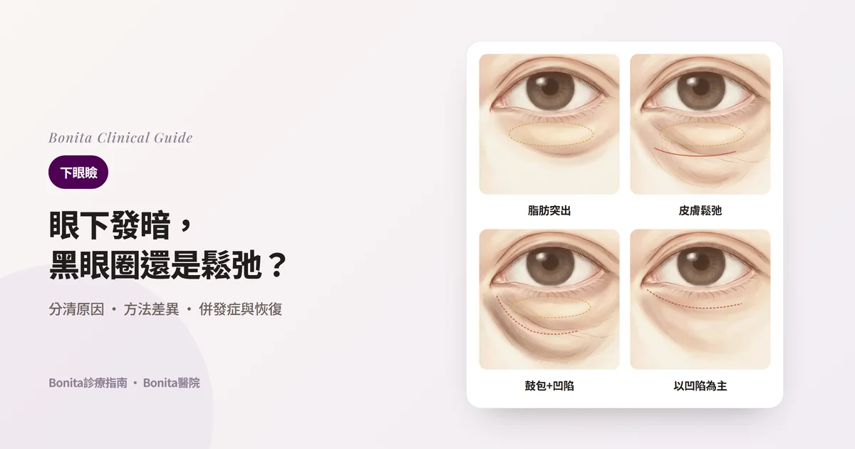 四張眼部插圖卡片:以脂肪為主要問題、脂肪突出加皮膚鬆弛、鼓包下方還有凹陷、以凹陷為主要問題的眼下,以及各自先考慮的方法