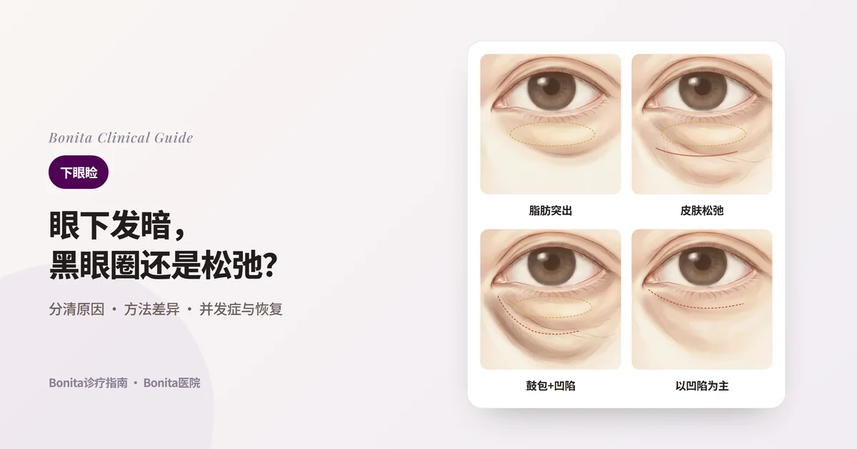 四张眼部插图卡片:以脂肪为主要问题、脂肪突出加皮肤松弛、鼓包下方还有凹陷、以凹陷为主要问题的眼下,以及各自先考虑的方法