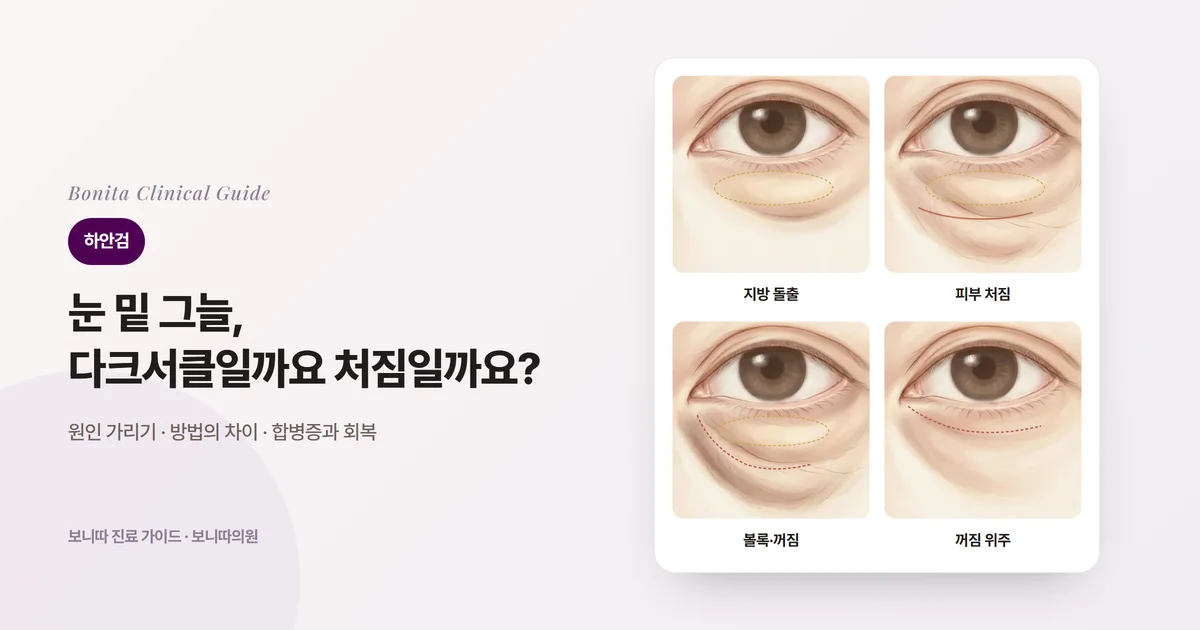 네 장의 눈 삽화 카드: 지방이 주된 문제인 눈 밑, 지방 돌출과 피부 처짐이 함께 있는 눈 밑, 볼록함 아래 꺼짐이 함께 있는 눈 밑, 꺼짐이 주된 문제인 눈 밑과 각각 먼저 검토하는 방법