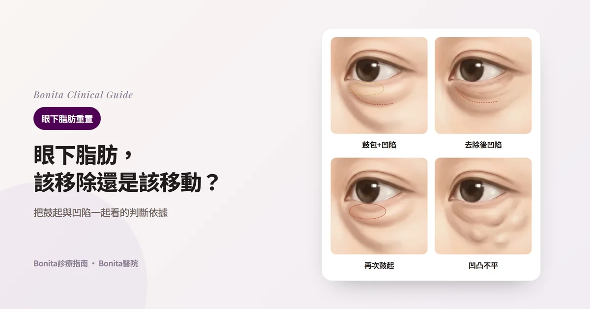 四張眼部插圖卡片:鼓起與凹陷同時存在、移除脂肪後凹陷、術後又鼓起、玻尿酸或脂肪移植後凹凸不平的眼下,以及各自的常見原因