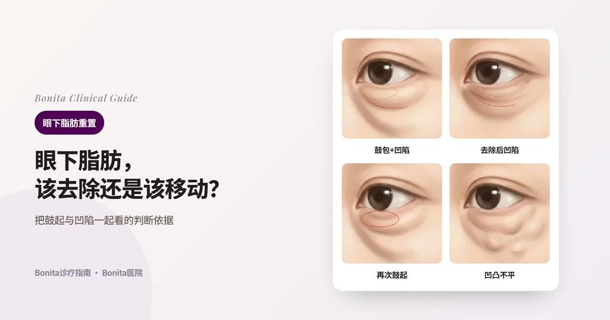 四张眼部插图卡片:鼓起和凹陷同时存在、去除脂肪后凹陷、术后又鼓起、填充剂或脂肪移植后凹凸不平的眼下,以及各自的常见原因