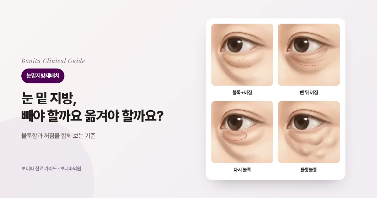 네 장의 눈 삽화 카드: 불룩함과 꺼짐이 함께 있는 눈 밑, 지방을 뺀 뒤 꺼진 눈 밑, 수술 뒤 다시 불룩해진 눈 밑, 필러나 지방이식 뒤 울퉁불퉁한 눈 밑과 각각 흔한 원인