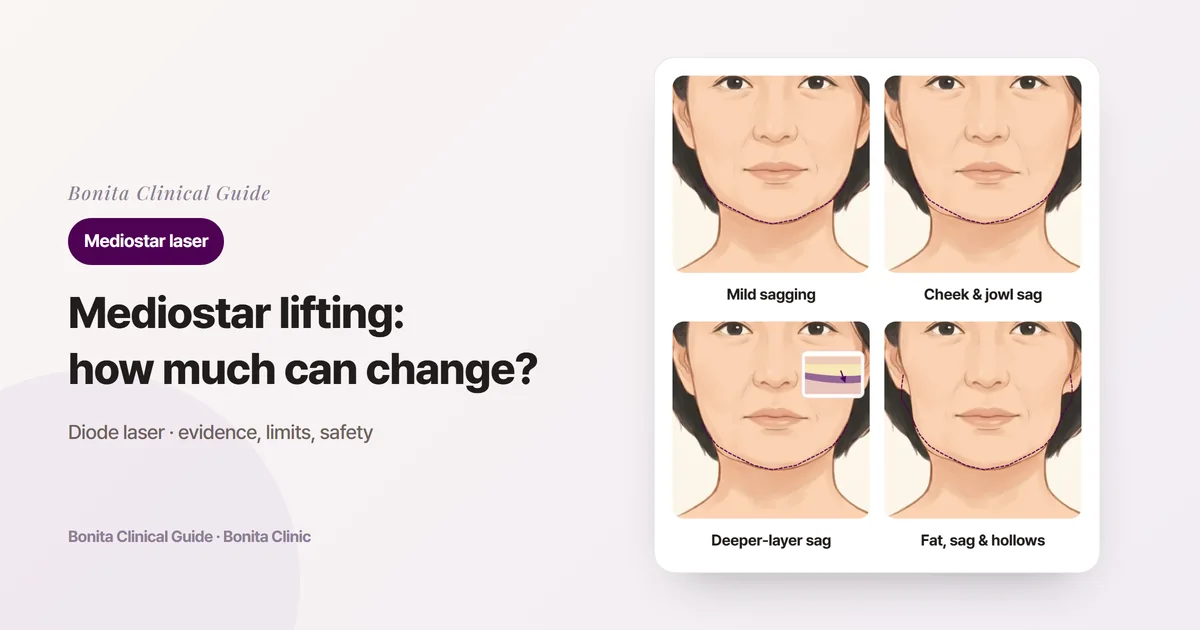 Four front-view face illustrations, each with the original outline dashed: a jawline just starting to sag, clear cheek and jowl sagging, sagging that starts in a deeper layer (small cross-section)