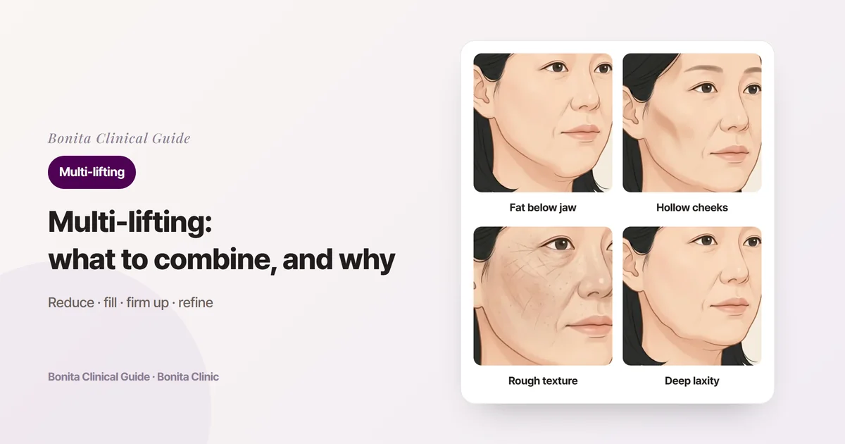 Four three-quarter-view illustrations of the same woman in her forties: fat gathered below the jawline, hollow cheeks and forehead, rough skin with fine lines, and a jowl sagging down to the SMAS