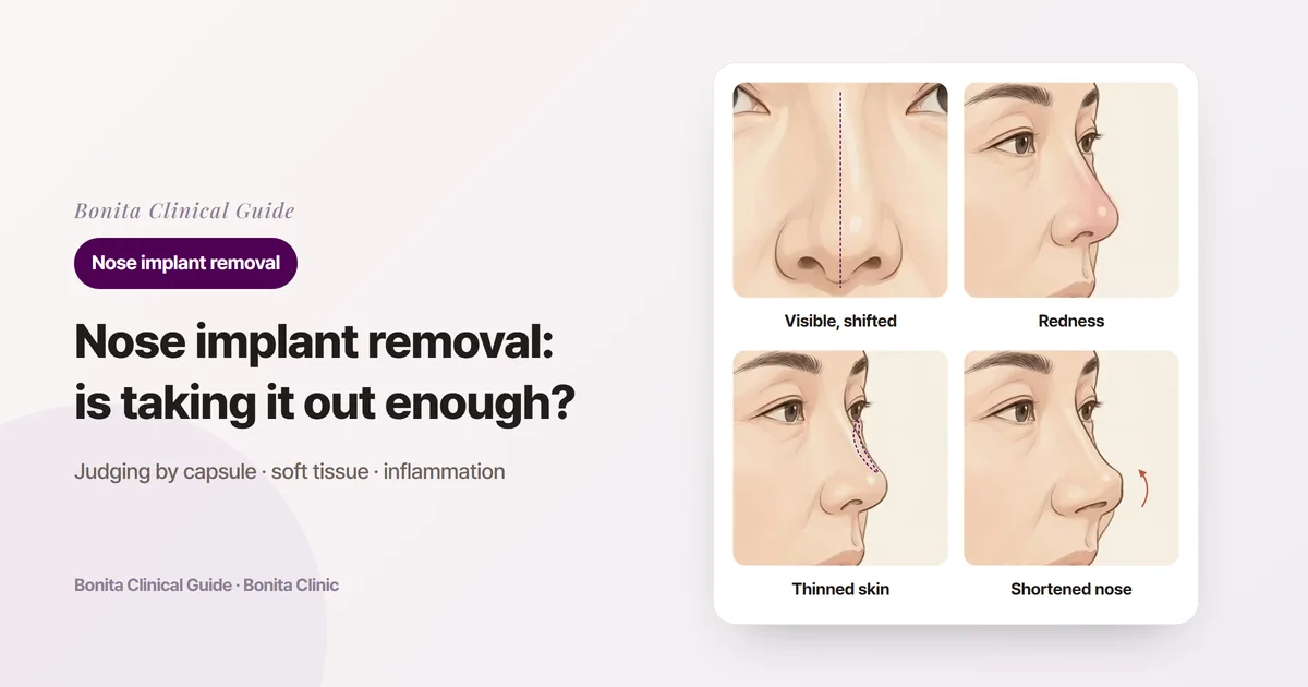 Cards marking four reasons for nasal implant removal on side-view illustrations: an implant that shows or looks crooked, recurring redness and inflammation, thinned or stretched skin, and a shortened