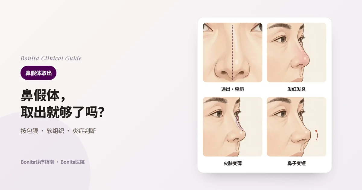 在侧脸插图上标出想取出鼻假体的四种原因的卡片:透出或歪斜的假体、反复发红发炎、变薄或被撑开的皮肤、变短上翘的鼻子