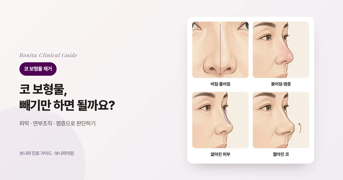 코 보형물을 빼려는 네 가지 이유를 옆얼굴 삽화에 표시한 카드: 비치거나 틀어진 보형물, 붉어지고 반복되는 염증, 얇아지거나 늘어난 피부, 짧아지고 들린 코