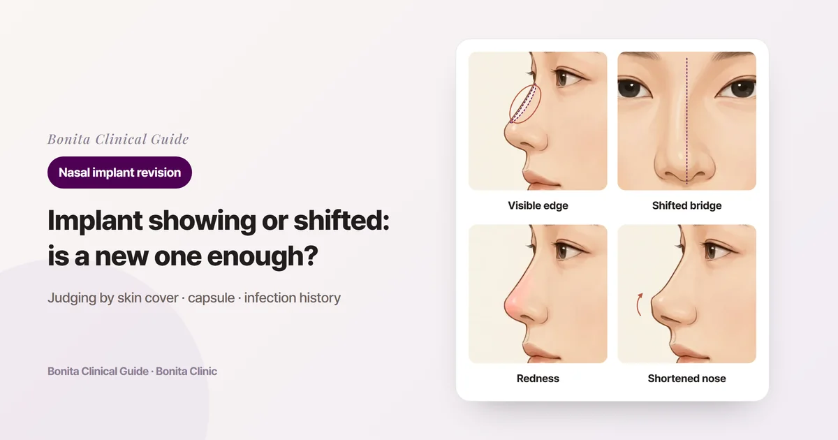 Cards marking four kinds of nasal implant problems on side and front illustrations: an outline showing on the bridge, a bridge leaning to one side, repeated redness and swelling of the tip and bridge