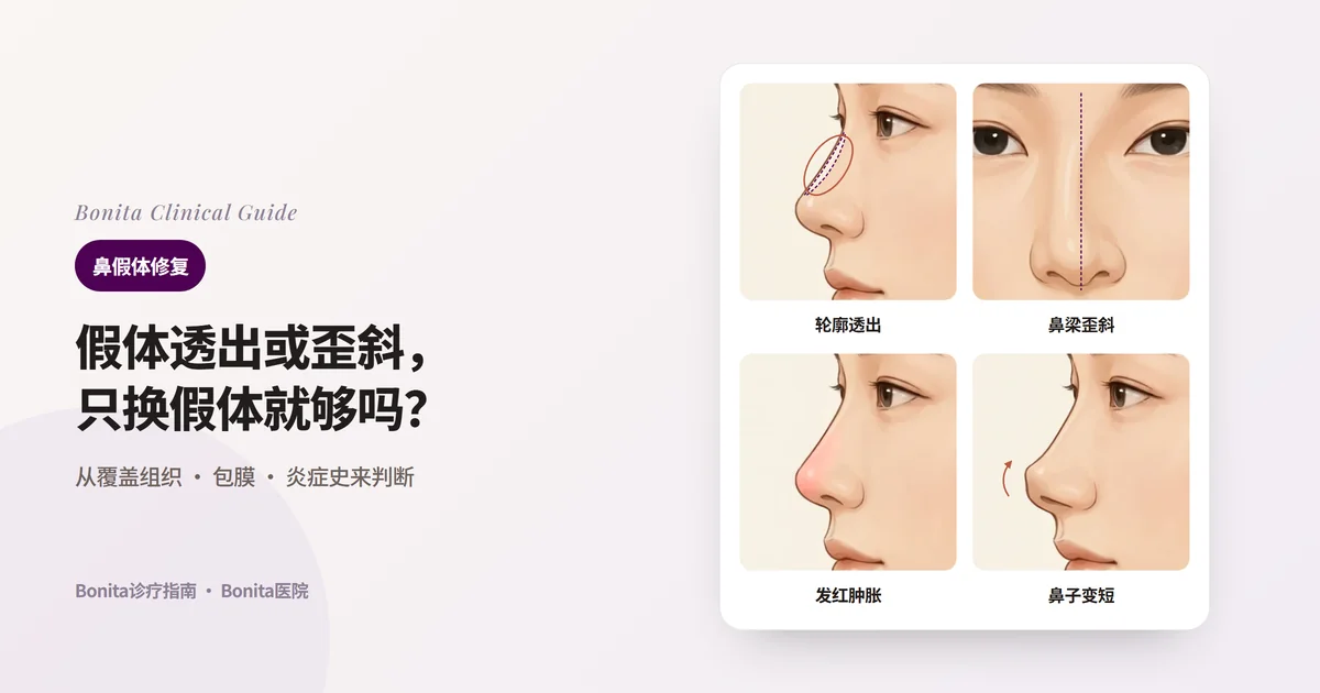 在侧面和正面插图上标出鼻假体问题的四种表现的卡片：鼻梁透出轮廓、鼻梁偏向一侧、鼻尖鼻梁反复发红肿胀、鼻子变短鼻尖上翘