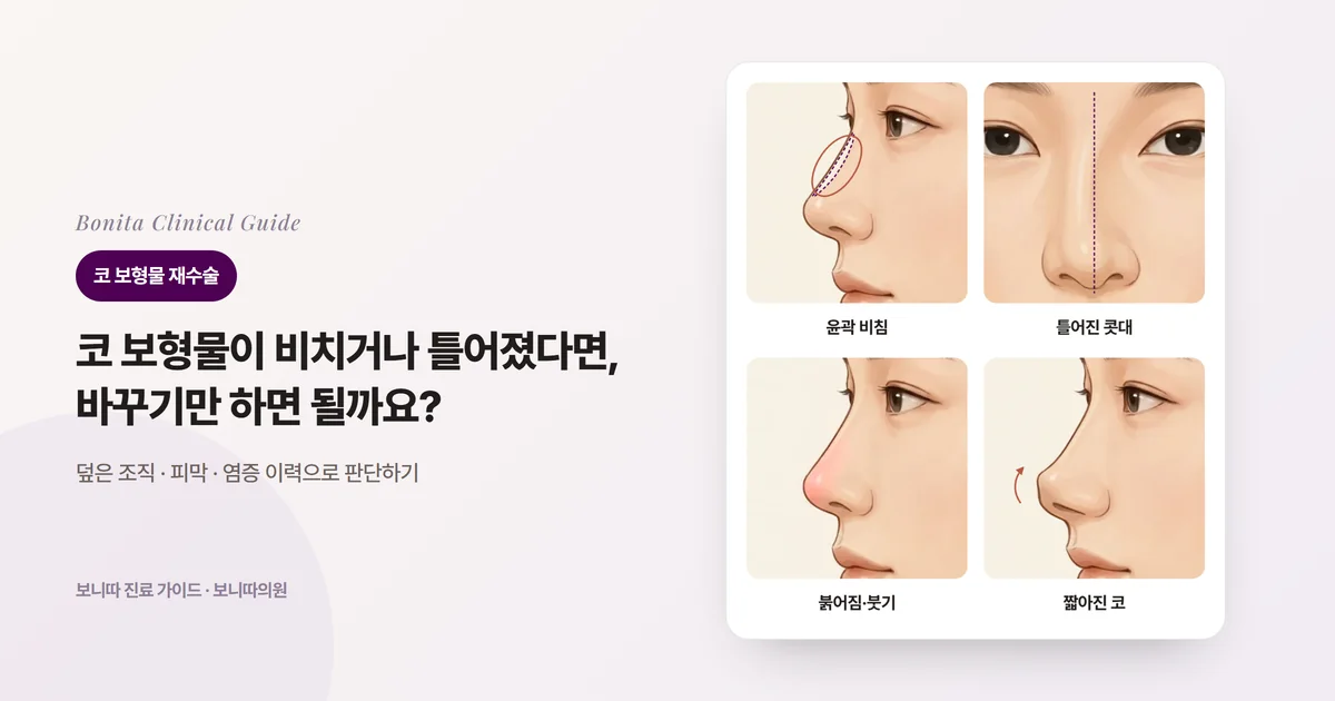코 보형물 문제의 네 가지 모습을 옆얼굴과 정면 삽화에 표시한 카드: 콧등에 윤곽이 비침, 콧대가 한쪽으로 틀어짐, 코끝·콧등의 붉어짐과 붓기, 짧아지고 들린 코끝