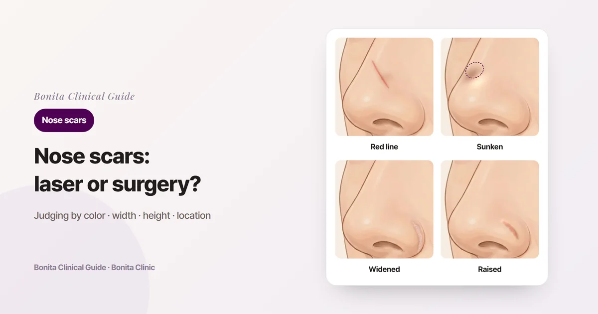Four illustrations of the same nose showing a red line with brown marks, a sunken scar casting a shadow, a widened scar along the nostril-wing crease, and a raised scar