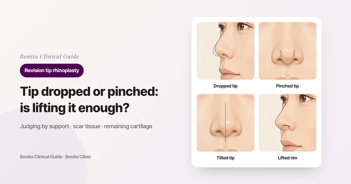 Four cards drawn from the same person's nose: a tip that has dropped below its earlier outline in oblique view, a pinched tip with grooves between tip and alae from the front, a tip off the midline