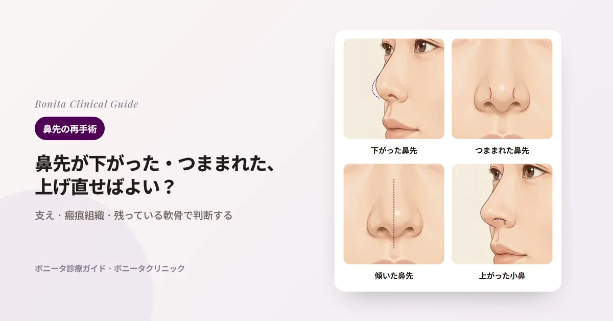 同じ人の鼻を描いたカード四枚:斜めの横顔で元の輪郭より下がった鼻先、正面で鼻先と小鼻の間に溝ができたつままれた鼻先、中心線から外れた鼻先、横顔で元の縁より上がった小鼻