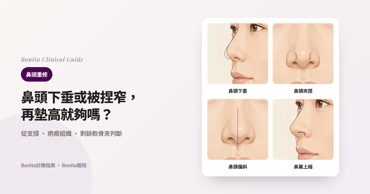 以同一個人的鼻子繪製的四張卡片:斜側面看比原來輪廓下垂的鼻頭、正面看鼻頭與鼻翼之間出現凹溝的夾捏鼻頭、偏離中線的鼻頭、側面看比原來邊緣上縮的鼻翼