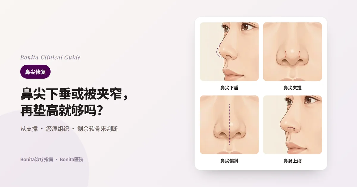 以同一个人的鼻子绘制的四张卡片:斜侧面看比原来轮廓下垂的鼻尖、正面看鼻尖与鼻翼之间出现凹沟的夹捏鼻尖、偏离中线的鼻尖、侧面看比原来边缘上缩的鼻翼