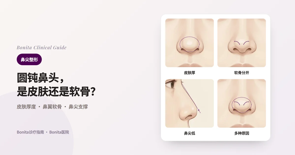 同一个人的四张鼻尖插图:皮肤与软组织较厚的圆鼻尖(虚线为覆盖组织)、鼻翼软骨分开的宽鼻尖(虚线为软骨位置)、低而无力鼻尖的侧面(虚线为鼻根到鼻尖的连线)、多种原因叠加的鼻尖,每张卡片写出主要考虑的方法。