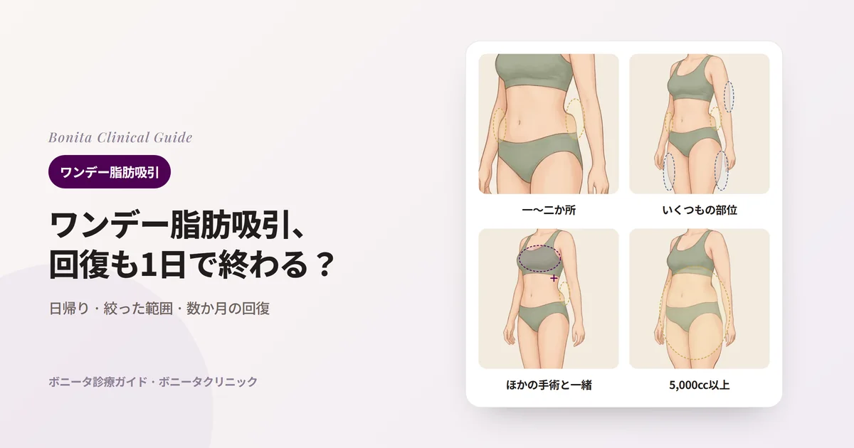 同じ人の斜め前からのイラスト4枚に、一〜二か所のボリュームが体型をぼやけさせている場合、いくつもの部位を広く減らす必要がある場合、ほかの手術も一緒に受けたい場合、総吸引量が5,000cc以上の場合を示し、それぞれの進め方を書いたカード