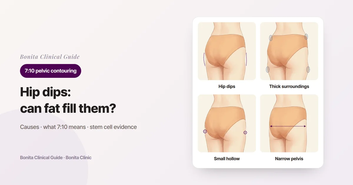 Four back-view illustrations of the hips marking hollow sides, thick surroundings that make the hollow stand out, a small hollow, and a narrow pelvis, each with the option considered and its limits