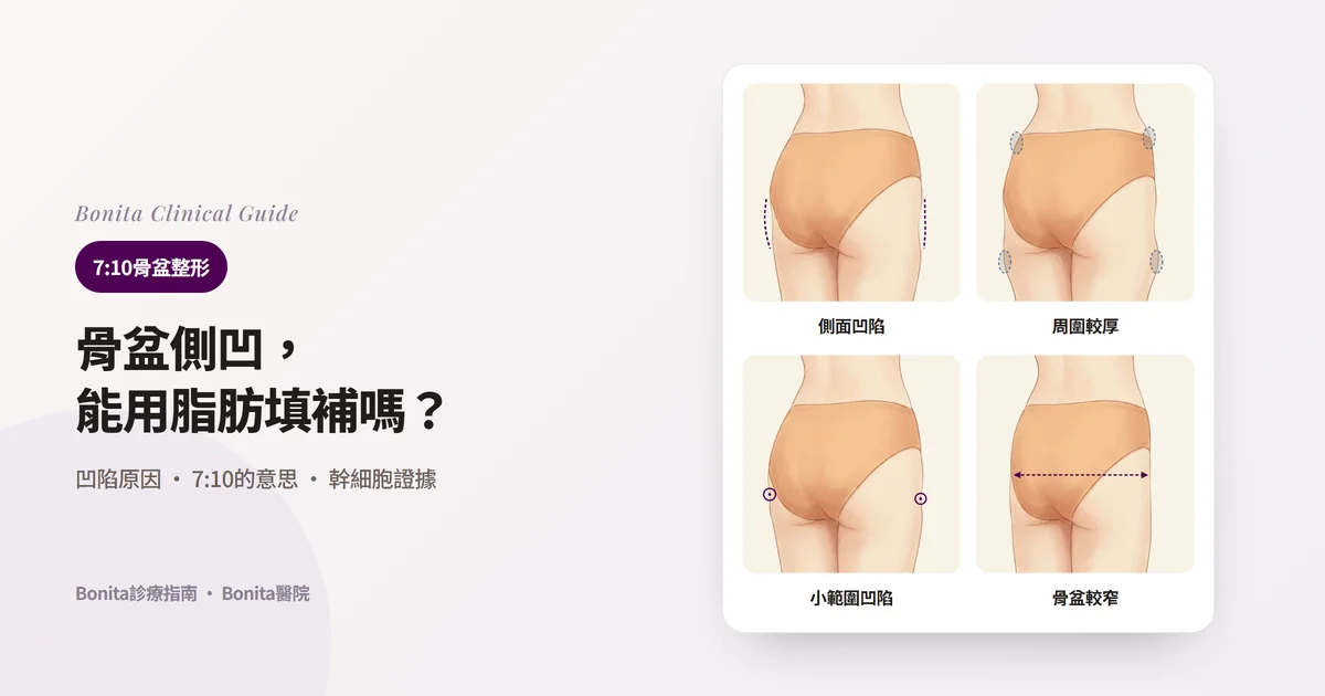 四張背面骨盆插圖，分別標示骨盆側面凹陷、周圍較厚使凹陷更明顯、小範圍凹陷、骨盆骨較窄的情況，並寫出考慮的方法與限制