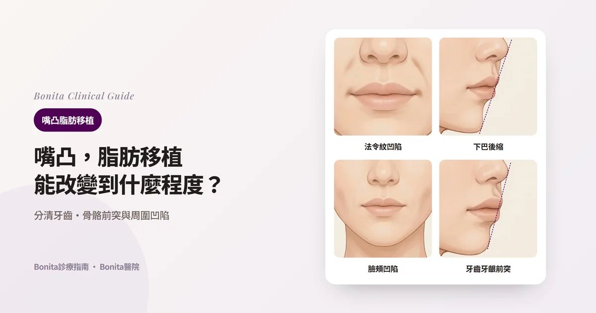同一位20多歲女性的四張插畫:正面看法令紋周圍凹陷、側面看下巴後縮、正面看臉頰凹陷、側面看嘴唇隨牙齒一起前突,並寫明各自先確認的內容。側臉圖以虛線標出鼻尖到下巴尖的連線。