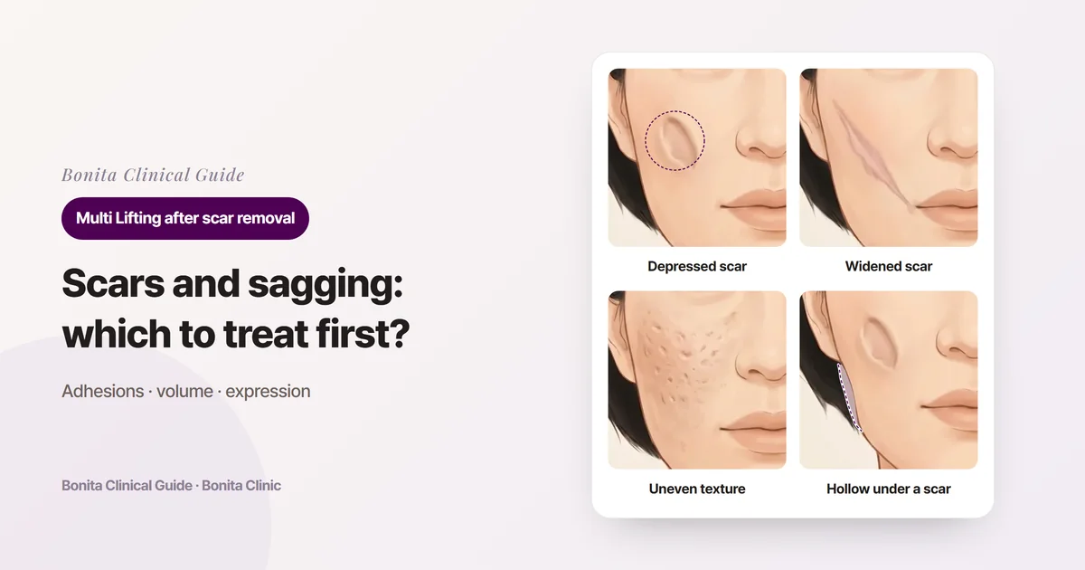 Four cards showing the same cheek of the same face with a depressed scar, a widened scar, uneven texture and marks, and a cheek outline sunken under a scar, each with what is done first