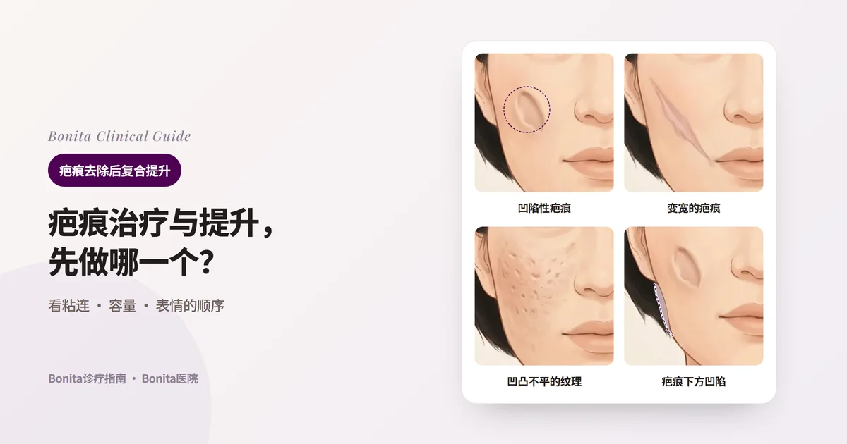 在同一张脸的同一侧脸颊上分别画出凹陷性疤痕、变宽的疤痕、凹凸不平的纹理和痕迹、疤痕下方凹陷的脸颊轮廓,并写出各自先做的事的四张卡片