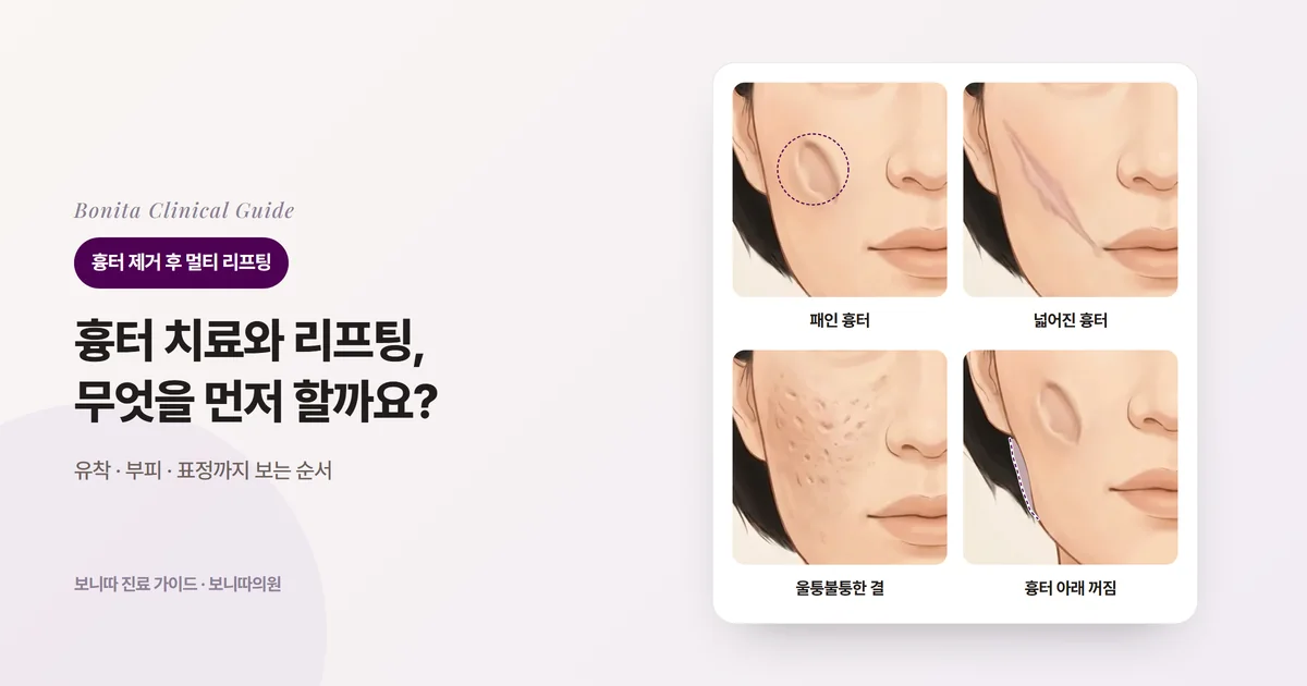 같은 얼굴의 같은 볼 네 장에 패인 흉터, 넓게 벌어진 흉터, 울퉁불퉁한 결과 자국, 흉터 아래 꺼진 볼 윤곽을 그리고 각각 먼저 하는 일을 적은 카드