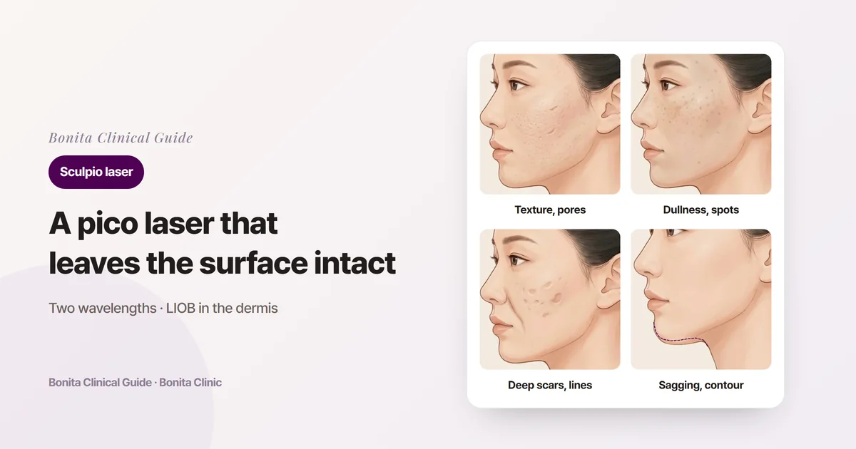 Four side-view illustrations showing rough texture with visible pores and shallow scars, dull skin with small spots, deep pitted scars with a marked crease