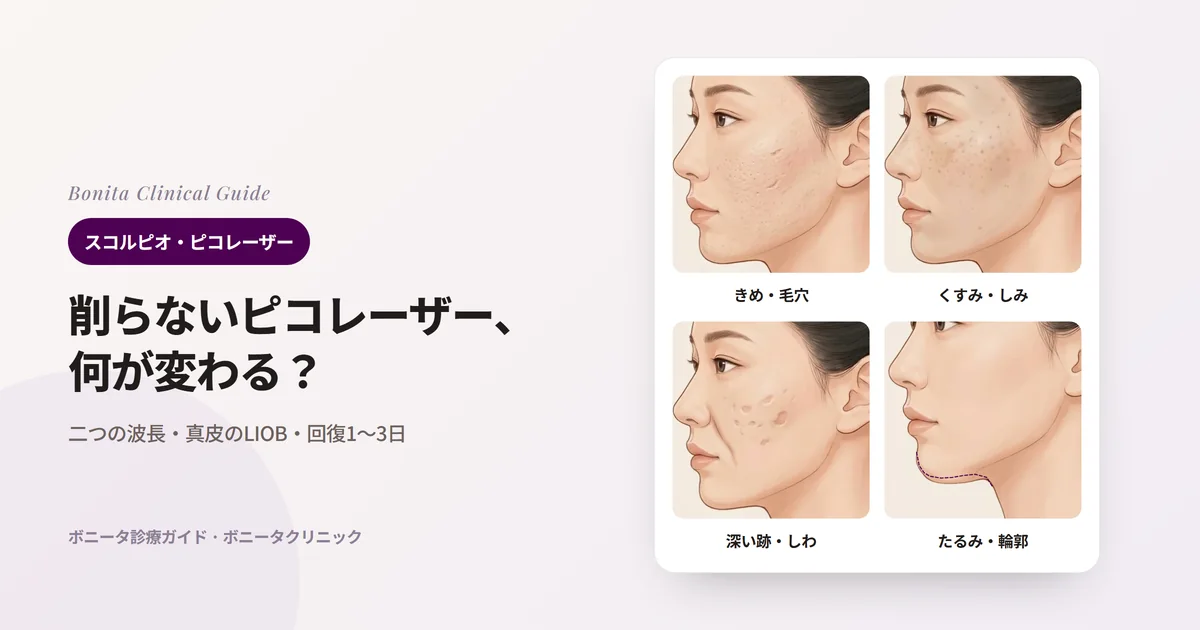 横顔のイラスト4枚に、毛穴の目立つ粗いきめと浅い傷跡、くすんだ肌と小さなしみ、深くへこんだ傷跡とはっきりしたしわ、元の輪郭(点線)より下がったあご下を示し、スコルピオの役割とあわせて考える方法を書いたカード