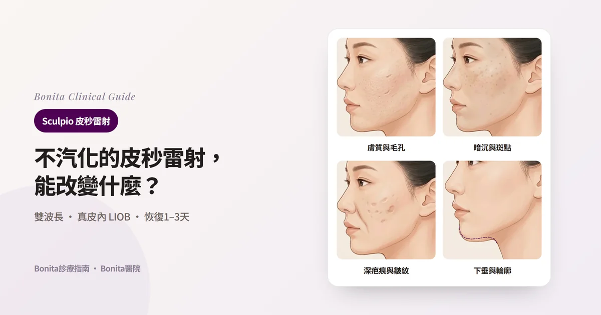 四張側臉插圖分別顯示毛孔明顯的粗糙膚質與淺疤痕、暗沉膚色與小斑點、深凹疤痕與明顯皺紋、比原輪廓(虛線)下垂的下顎下方,並寫出Sculpio的角色與一併考慮的方法