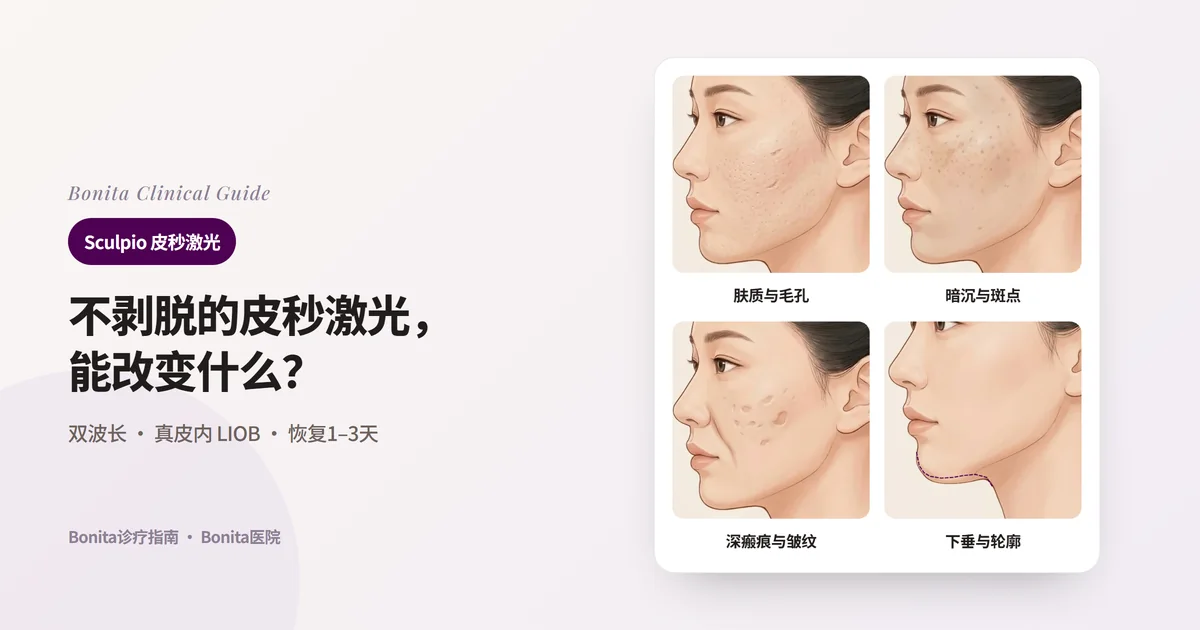四张侧脸插图分别显示毛孔明显的粗糙肤质与浅瘢痕、暗沉肤色与小斑点、深凹瘢痕与明显皱纹、比原轮廓(虚线)下垂的下颌下方,并写出Sculpio的角色与一并考虑的方法