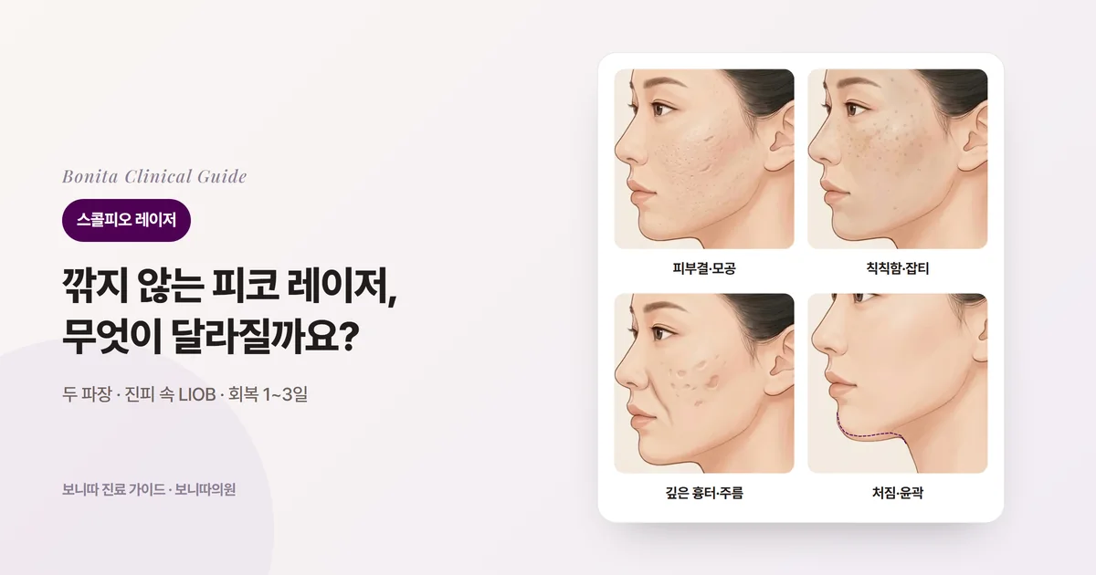 옆얼굴 삽화 네 장: 모공이 보이는 거친 피부결과 얕은 흉터, 칙칙한 피부와 작은 잡티, 깊게 팬 흉터와 뚜렷한 주름, 원래 윤곽(점선)보다 처진 턱 밑을 각각 보여 주고 스콜피오의 역할과 함께 볼 방법을 적은 카드