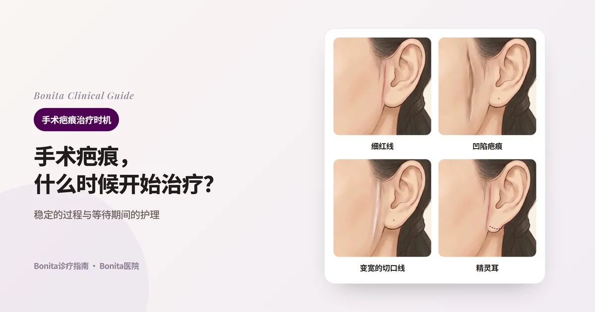 同一个人的侧脸插画四张,在耳前分别画出细红线疤痕、凹陷被牵拉的疤痕、明显变宽的疤痕,以及耳垂被往前下方拉的精灵耳,并写出Bonita医院所用方法的卡片